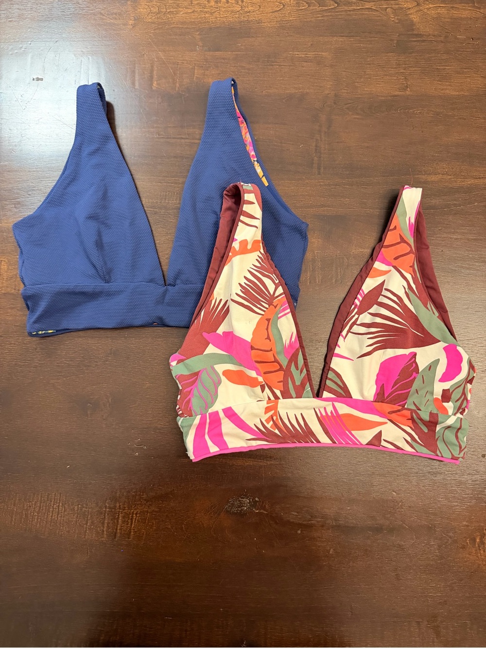 Women's V-Neck Bikini Tops — Navy and Tropical Print Pink